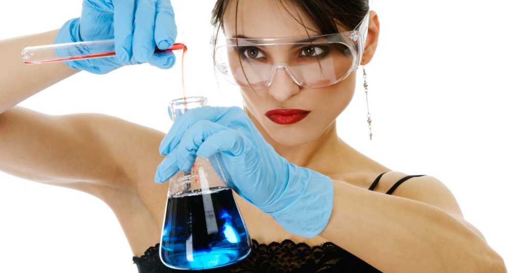 Woman-in-lingerie-pouring-chemicals-Weird-Science-Bad-Stockshots-Under-the-Microscope-Volume-1
