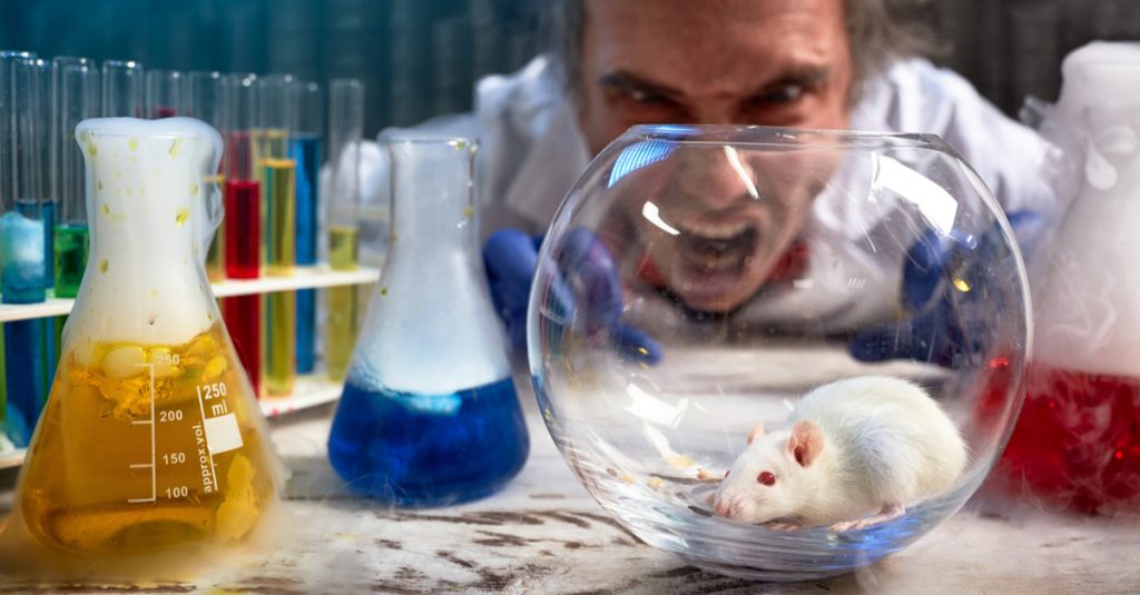 Man-shouting-at-a-mouse-in-a-fish-bowl-Weird-Science-Bad-Stockshots-Under-the-Microscope-Volume-1