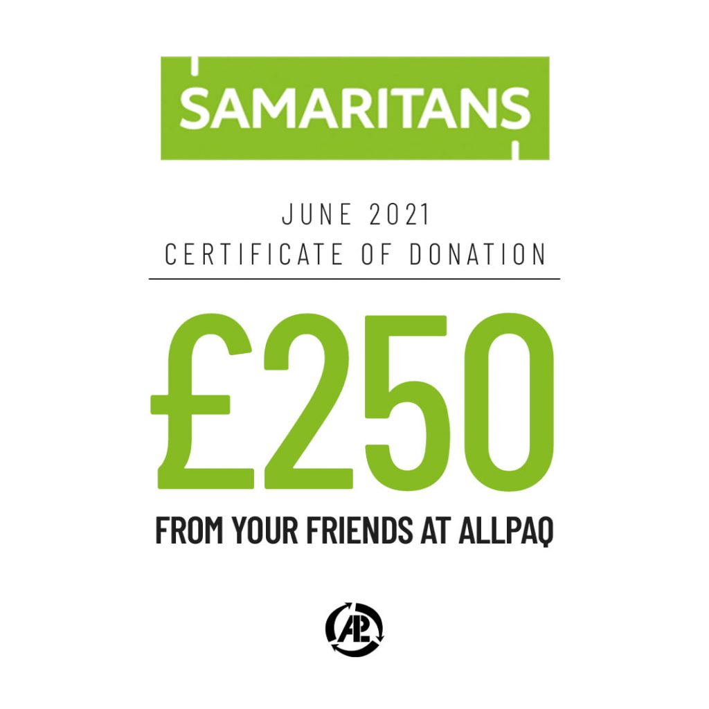 To continue with our monthly charity donations, the team at ALLpaQ chose the superb Samaritans for June