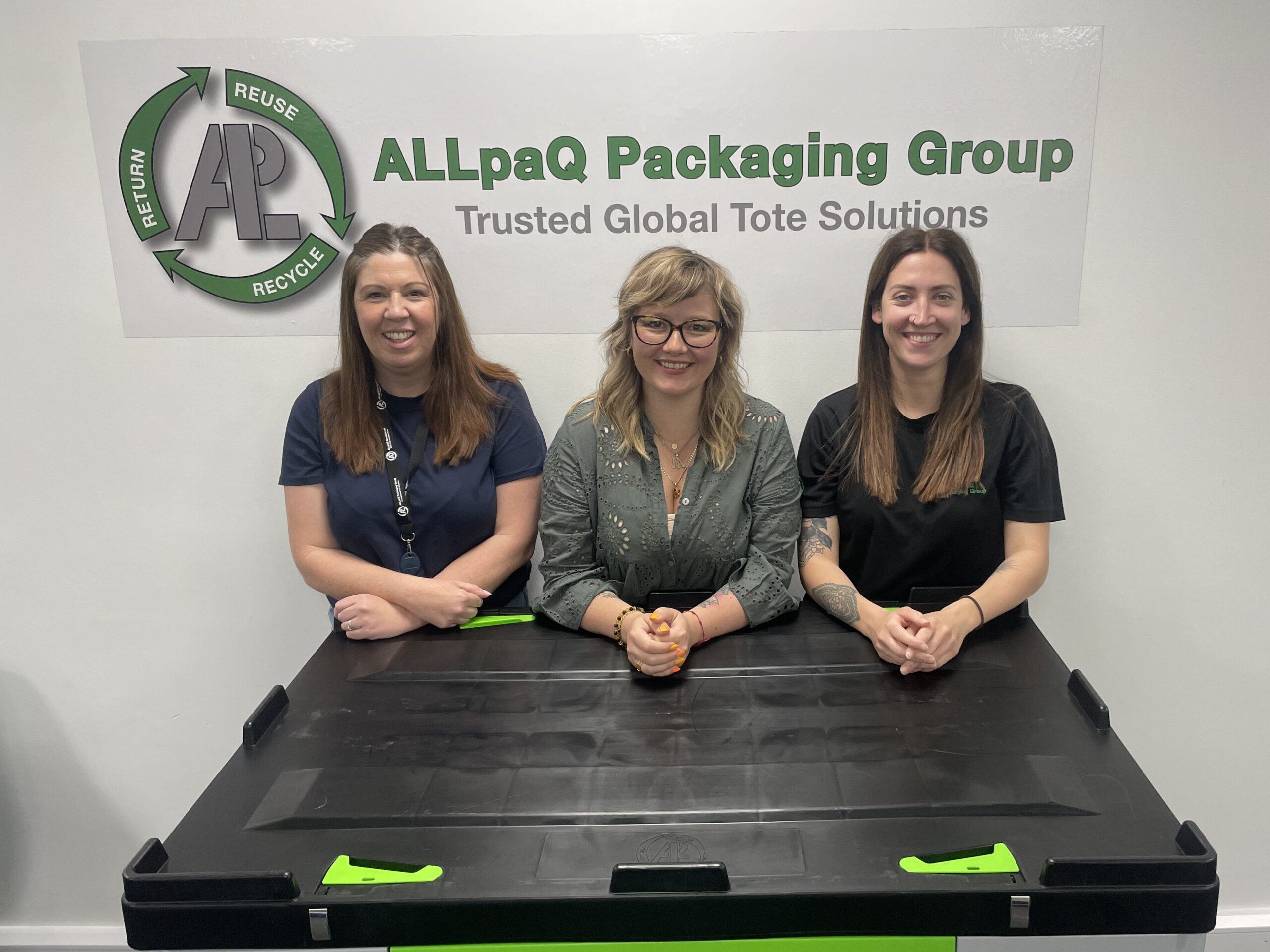ALLpaQ's Quality team that achieved ISO 9001 and ISO 14001 again. In the picture, there is Leanne Enamu, Martyna Hus-Canadas and Melody Hunt, ALLpaQ's operations and Quality Manager.
