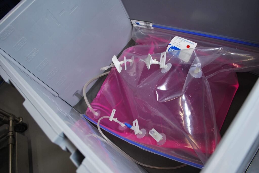 single use bag and tubing placed in ALLpaQ biocontainer for draining.