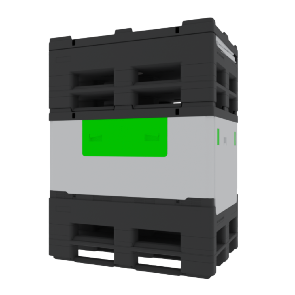 ALLpaQ 500L cleanroom container, with green drop-down door. 